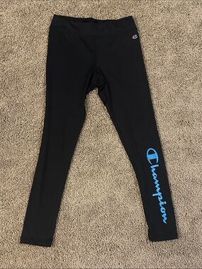 Champion Black Leggings with Blue Script Logo on Leg